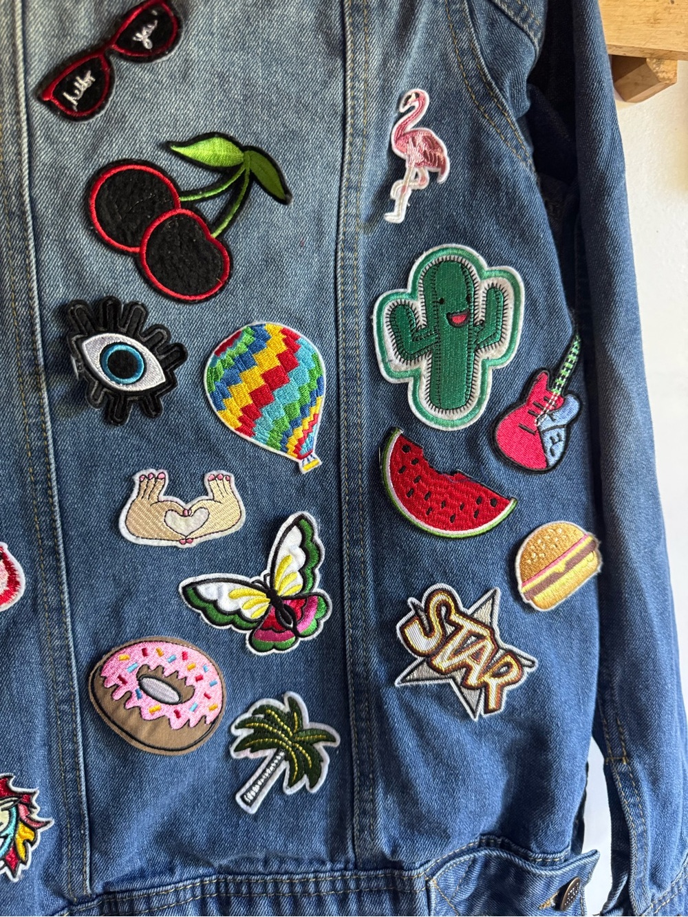๐5 for $25๐ Steve Madden Blue Denim Jacket with Multicolor Patchwork - Picture 7 of 9